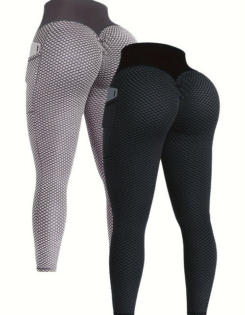 Load image into Gallery viewer, Stretchy High Waisted 2-Pack Seersucker Yoga Leggings for Women - Geometric-Pattern Polyester Knit Fabric - All-Season Track Pants with Pockets
