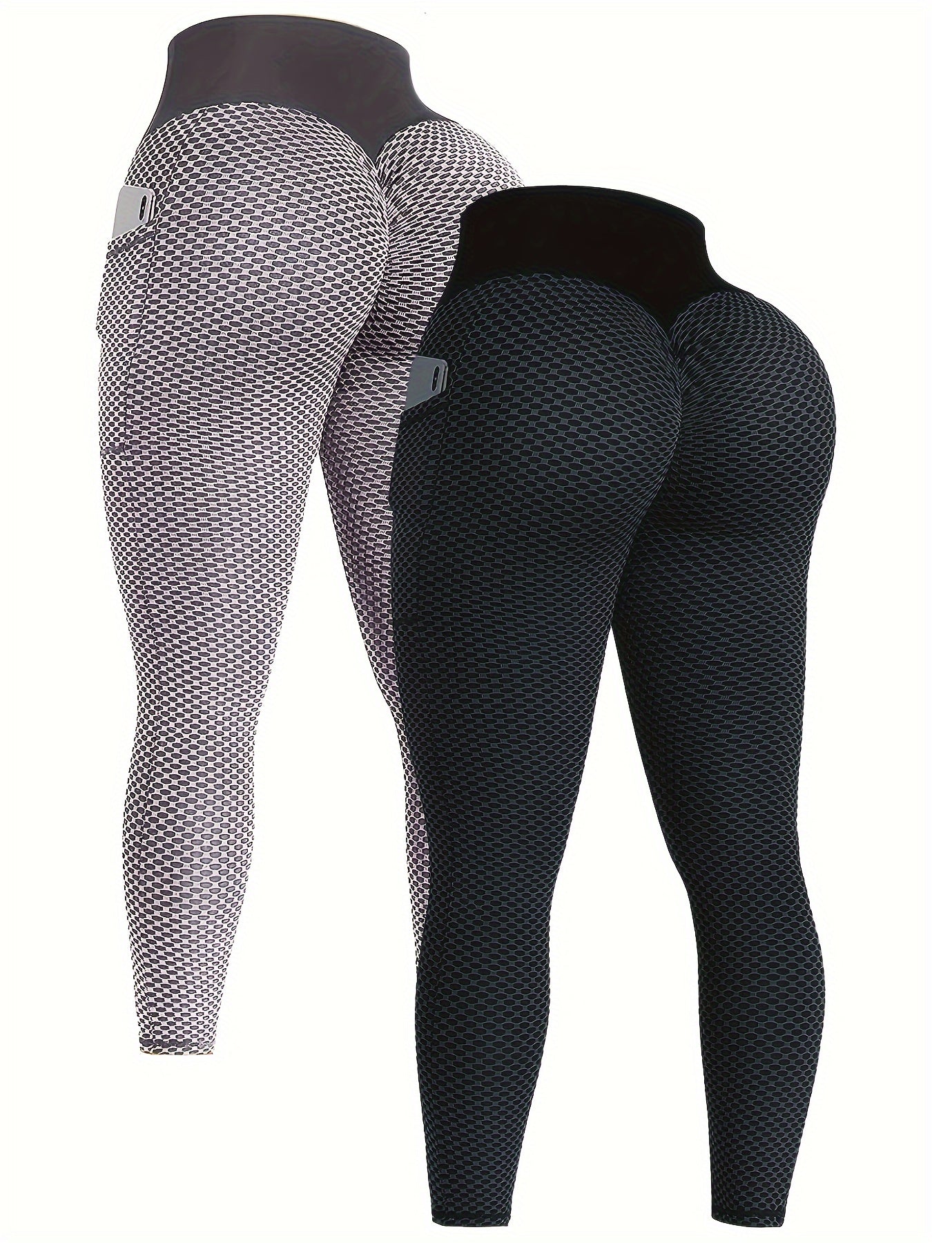 Stretchy High Waisted 2-Pack Seersucker Yoga Leggings for Women - Geometric-Pattern Polyester Knit Fabric - All-Season Track Pants with Pockets