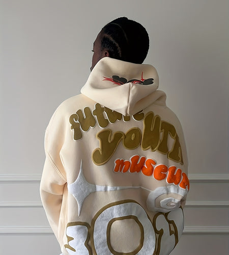 Men's Retro Hip-Hop Streetwear Hoodie - Oversized Loose Fit, Long Sleeve, "It's Not Your Fault" Graphic Design, Beige with Black & White Print, Casual Pullover for Casual Attire