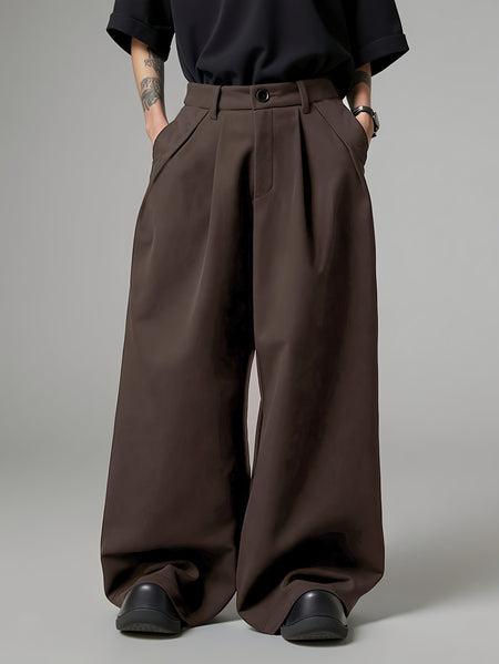 Men Loose Silhouette Solid Color With Pockets Pleated Pants Super Loose Pants Simple, Wide Leg Pants , Solid Color Pants - Elegant Wide Leg Pants