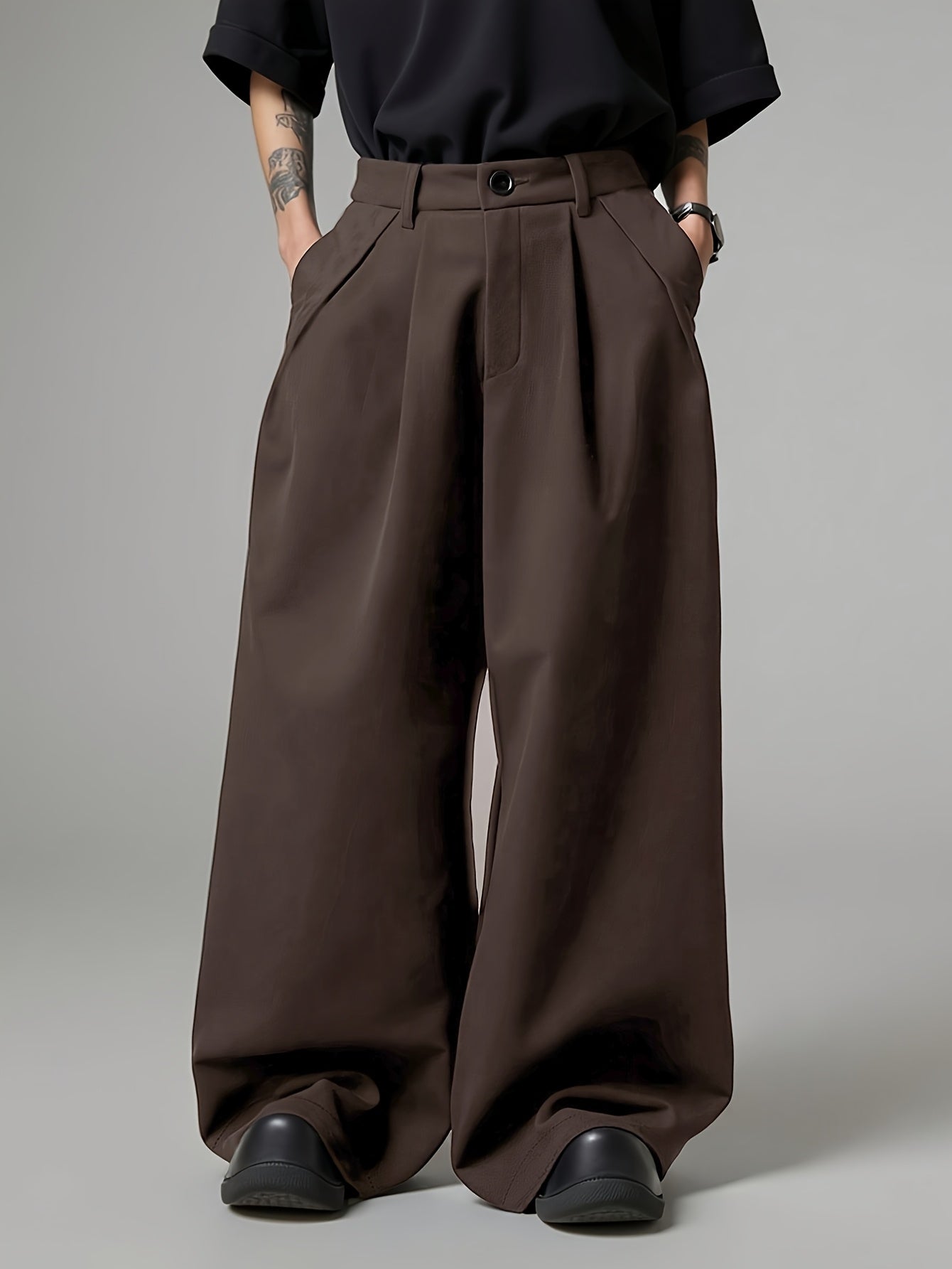 Men Loose Silhouette Solid Color With Pockets Pleated Pants Super Loose Pants Simple, Wide Leg Pants , Solid Color Pants - Elegant Wide Leg Pants