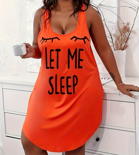 Plus Size Women Cozy Casual Sleep Dress - Soft Slight Stretch Polyester Racer Back Tank Nightdress with Alphabets Print, Dipped Hem, and Crew Neck
