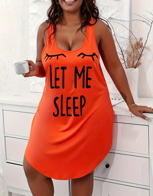 Load image into Gallery viewer, Plus Size Women Cozy Casual Sleep Dress - Soft Slight Stretch Polyester Racer Back Tank Nightdress with Alphabets Print, Dipped Hem, and Crew Neck
