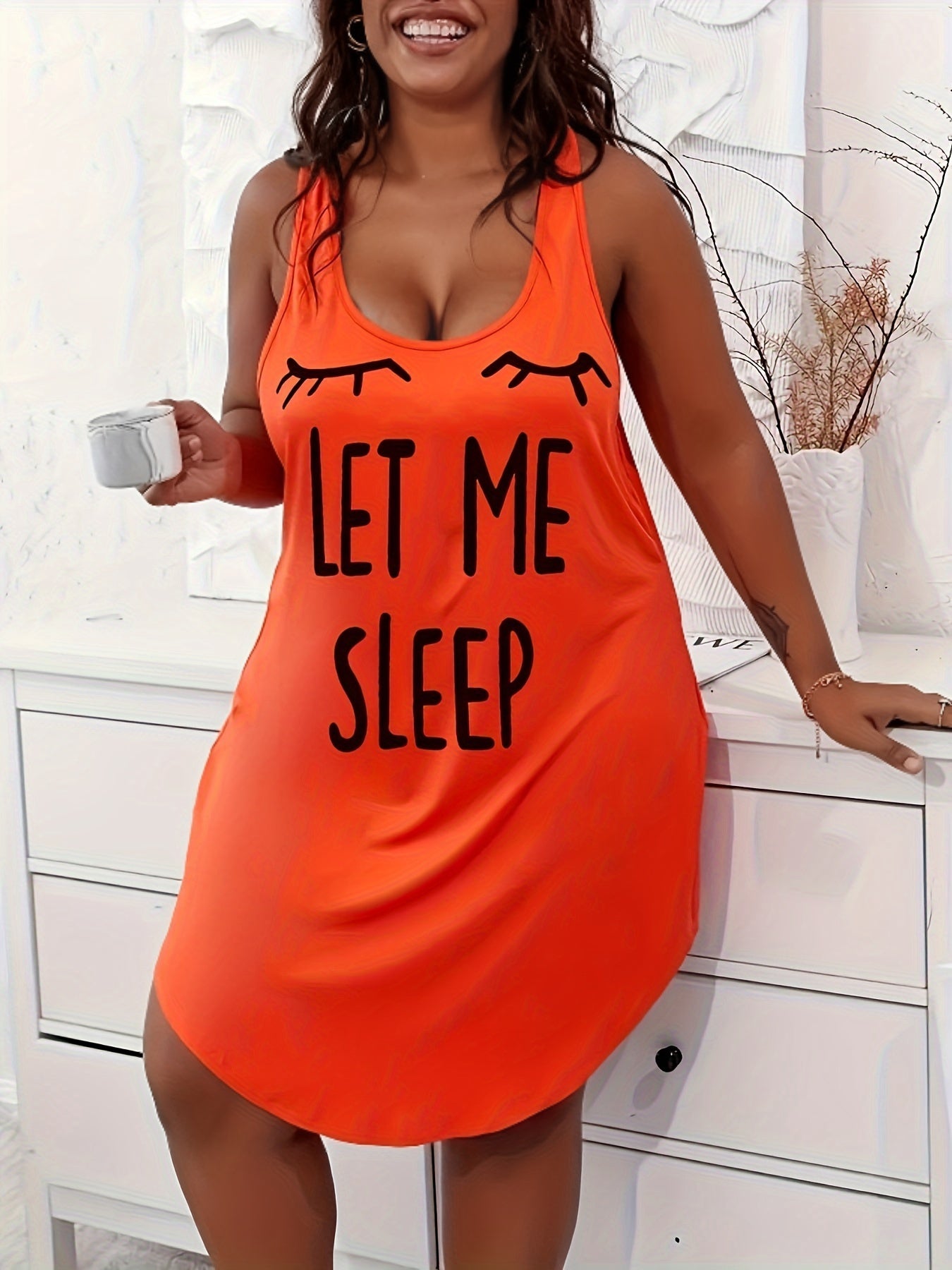 Plus Size Women Cozy Casual Sleep Dress - Soft Slight Stretch Polyester Racer Back Tank Nightdress with Alphabets Print, Dipped Hem, and Crew Neck