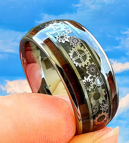 10mm Titanium 304 Stainless Steel Steel  Punk Style Inlay Machine Gear Design Dome Polishing Ring,