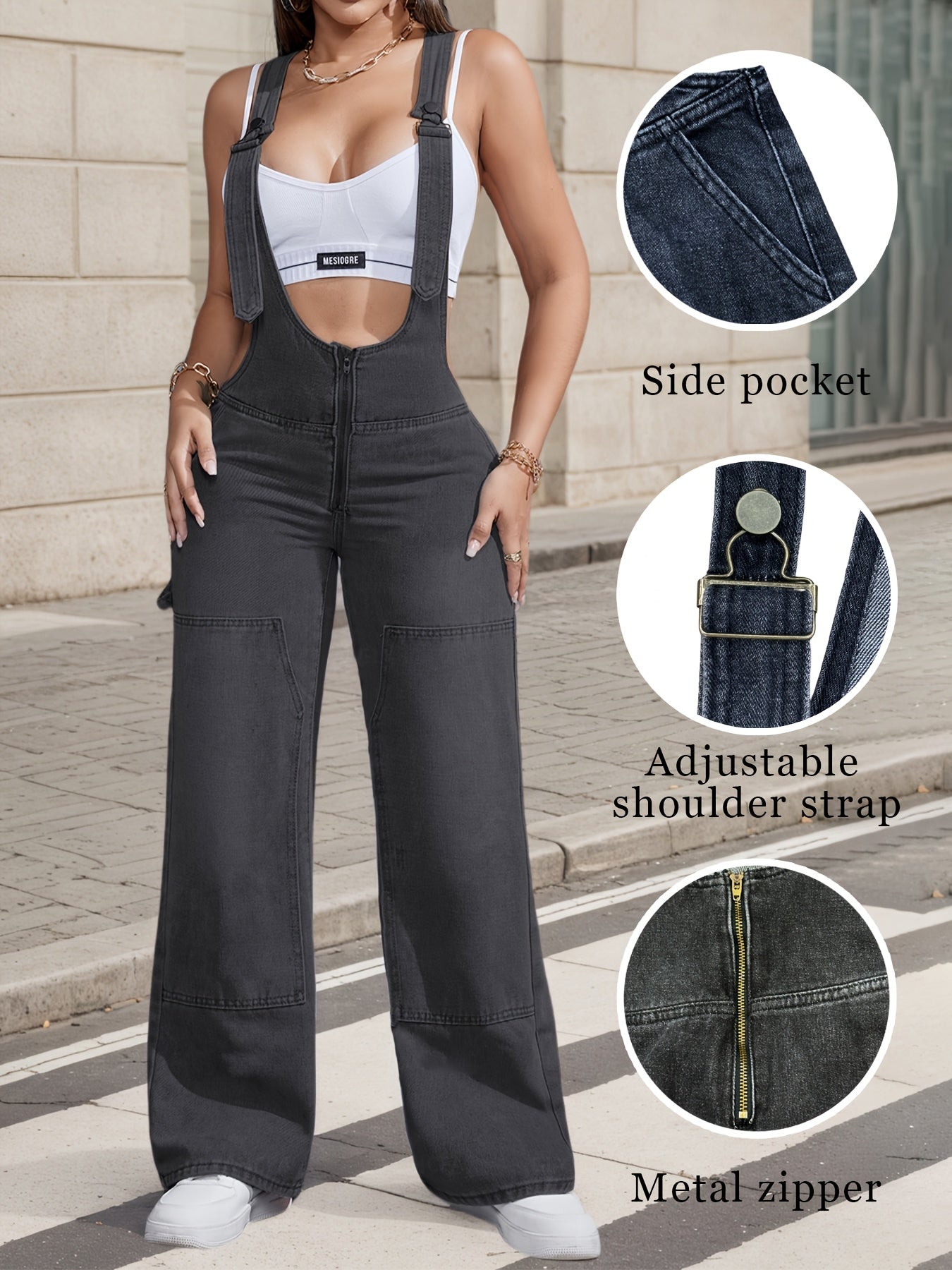 2025 New Women'S Sexy Adjustable Strap Denim Romper Casual Sleeveless High-Waisted Cargo Jeans