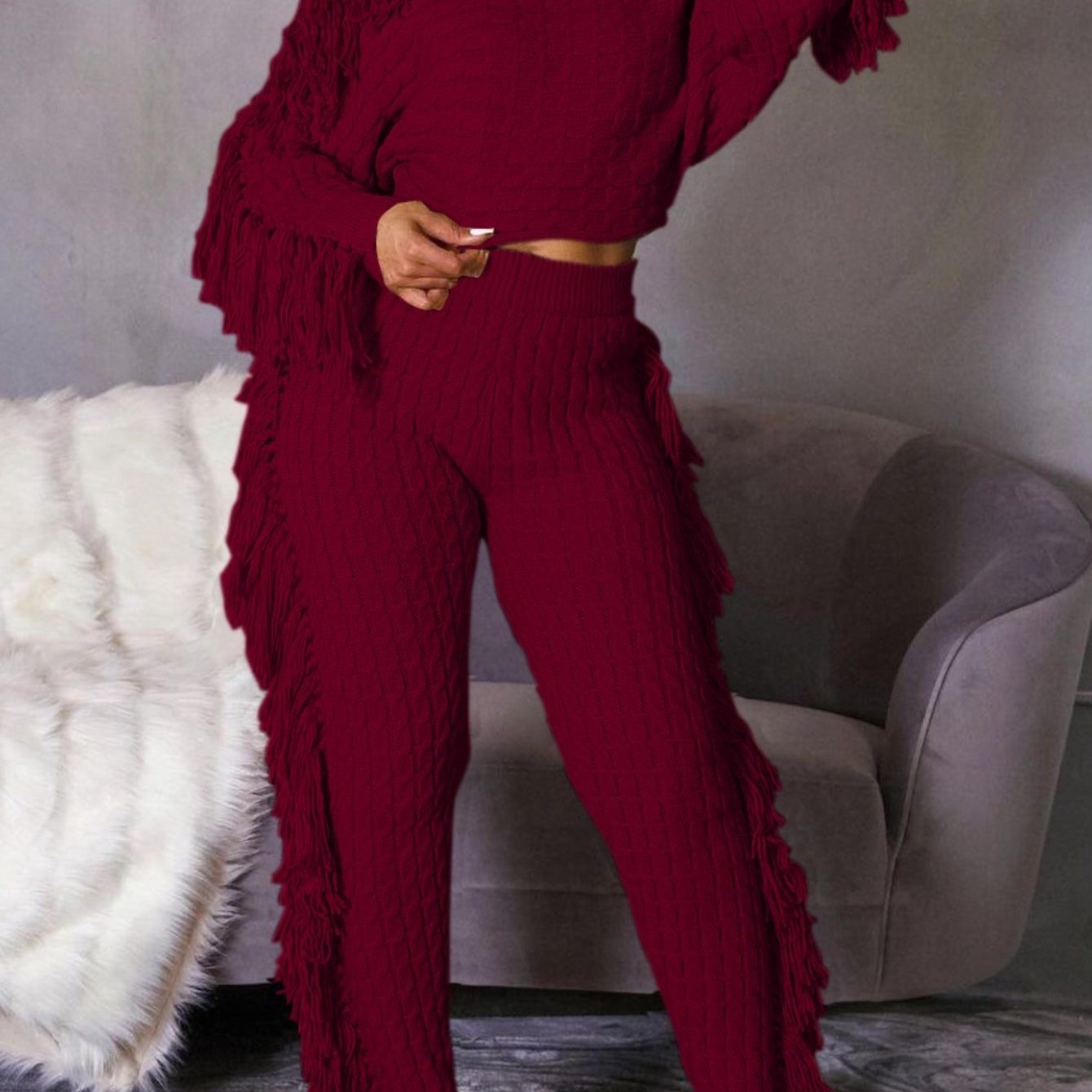 Women Stylish Wine Red Fringe Detail Two - Piece Set  - Stylish Party & Casual Outfit