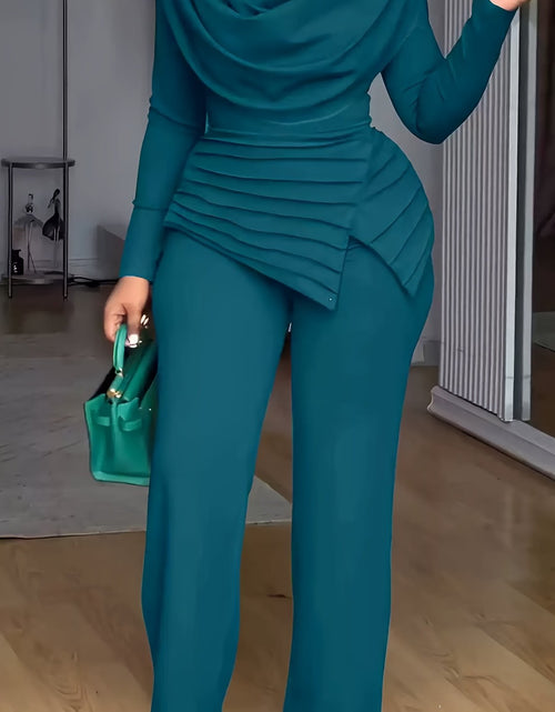 Load image into Gallery viewer, Plus Size - Women Plus Size Two-Piece Set - Cinched Waist Top &amp; Flared Pants, Solid Color, Asymmetrical Design, Casual Style, Crew Neck, Slight Stretch Fabric
