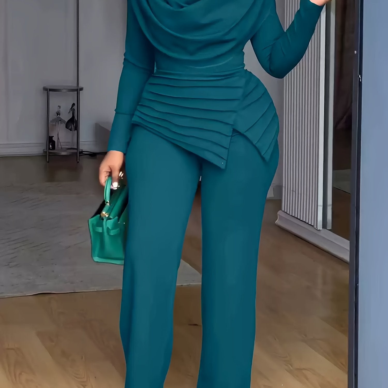 Plus Size - Women Plus Size Two-Piece Set - Cinched Waist Top & Flared Pants, Solid Color, Asymmetrical Design, Casual Style, Crew Neck, Slight Stretch Fabric