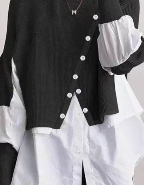 Load image into Gallery viewer, Elegant Two-Piece Sweater Shirt with Puffed Sleeves &amp; Button Front - Long Sleeve Round Neck All-Season Machine Washable Solid Color Outerwear
