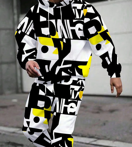 Men's Creative Letter 3D Print Hooded Sweatshirt And Jogger 2pcs Set, Casual Tracksuit For Spring