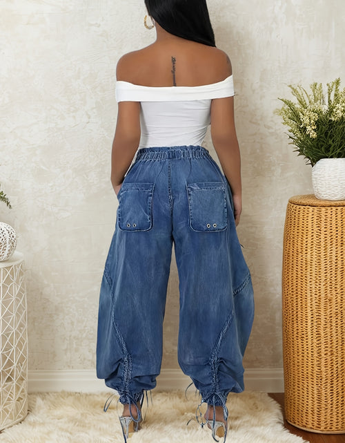 Load image into Gallery viewer, [Y2k Barrel Jeans] High Waist  Women Loose Barrel Jeans - Drawstring Bow Tie Cargo Vintage Wide Leg Ankle Denim Joggers
