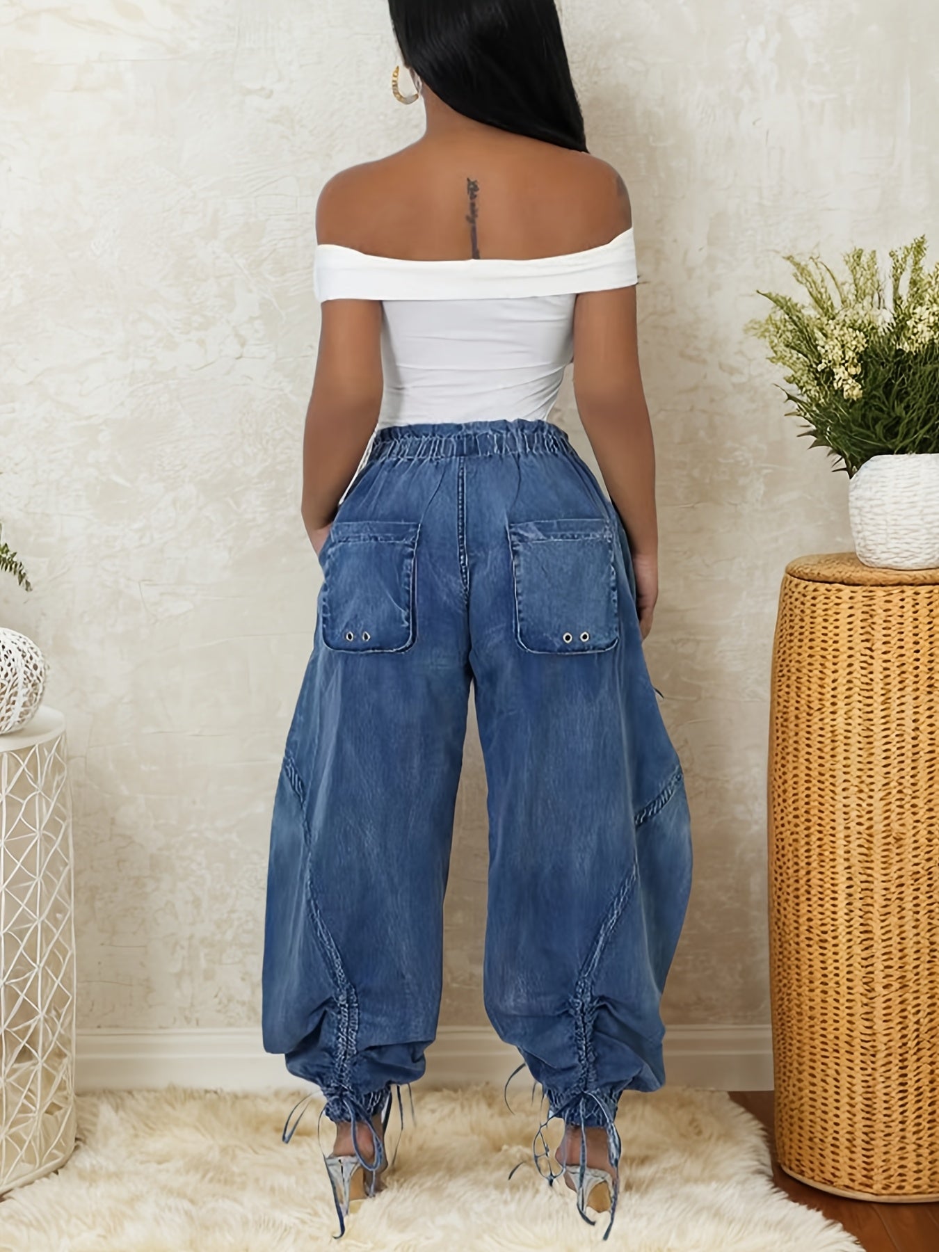 [Y2k Barrel Jeans] High Waist  Women Loose Barrel Jeans - Drawstring Bow Tie Cargo Vintage Wide Leg Ankle Denim Joggers