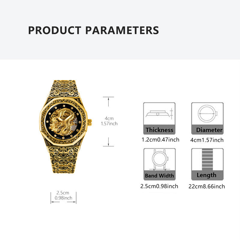Fashionable Men Golden Steel Band Gorgeous Dragon Carved Fully Automatic Mechanical Watch, Without Battery
