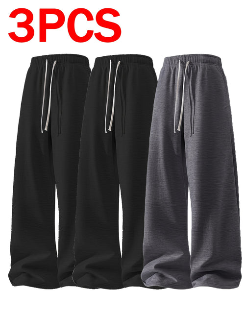 Load image into Gallery viewer, 3pcs Men&#39;s Lightweight Soft Joggers - Elastic Drawstring Waist Loose Fit Straight Leg Pants with Side Pockets, Light Grey &amp; Black/Dark Grey
