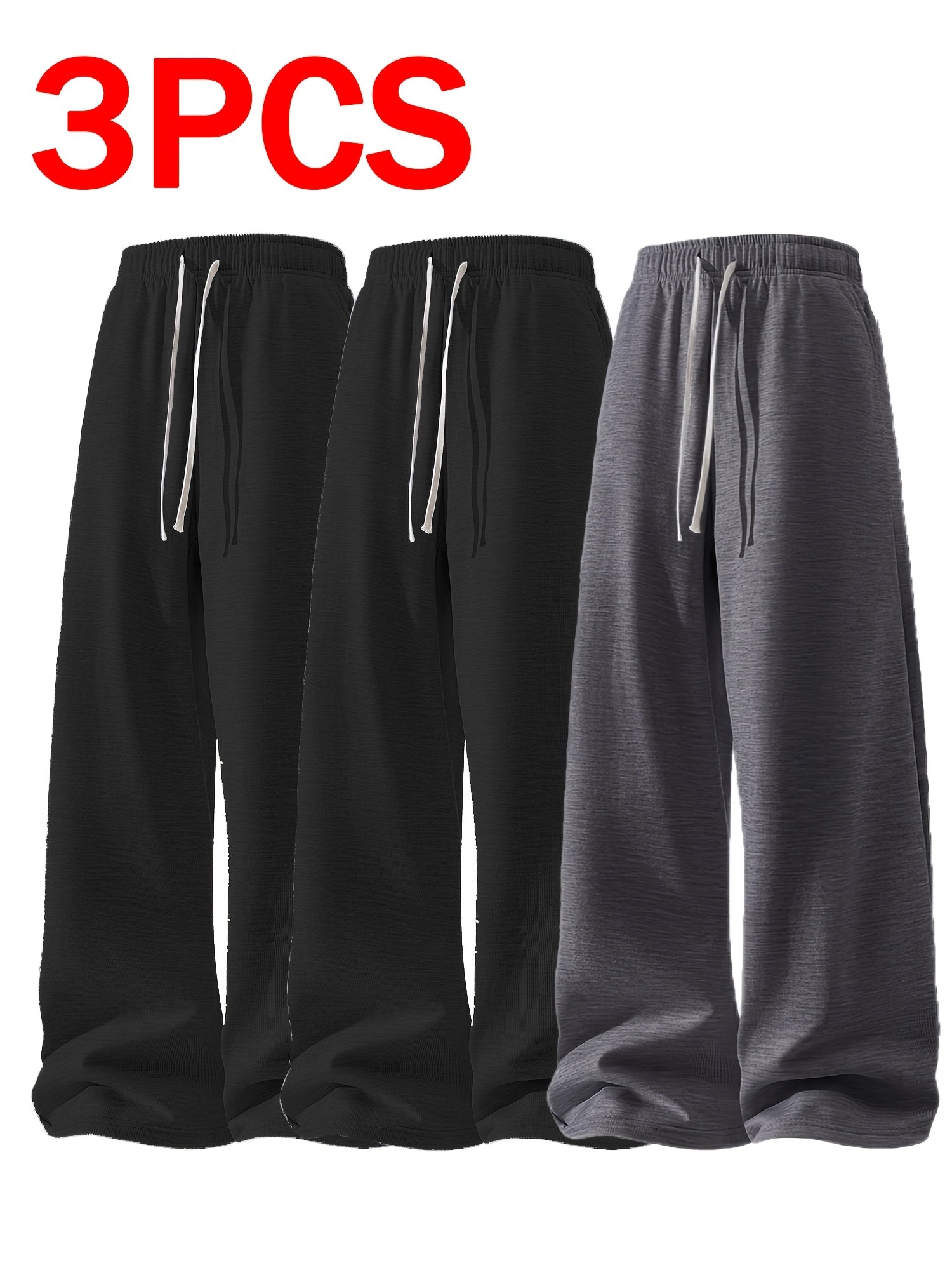 3pcs Men's Lightweight Soft Joggers - Elastic Drawstring Waist Loose Fit Straight Leg Pants with Side Pockets, Light Grey & Black/Dark Grey
