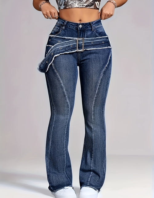 Load image into Gallery viewer, Ladies' Retro Washed Fringed Fake Waistband Design with Curved Edge And Slightly Flared Jeans
