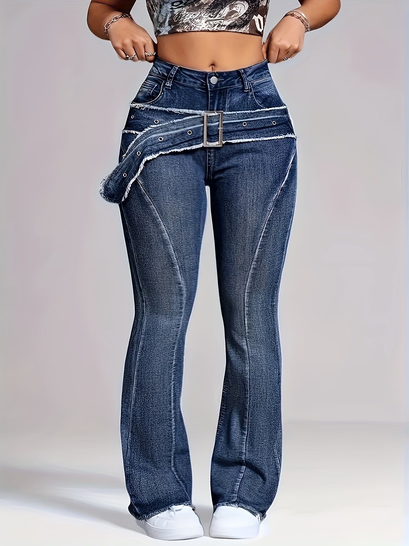 Ladies' Retro Washed Fringed Fake Waistband Design with Curved Edge And Slightly Flared Jeans