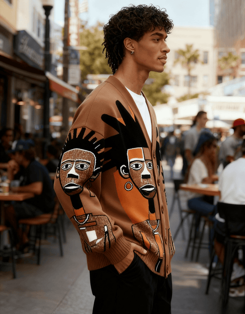 Load image into Gallery viewer, Men Fashion V-Neck Knitted Cardigan with Tribal Portrait Pattern Print, Lightweight Jacket, Casual And Warm Long Sleeves, Trendy And Versatile
