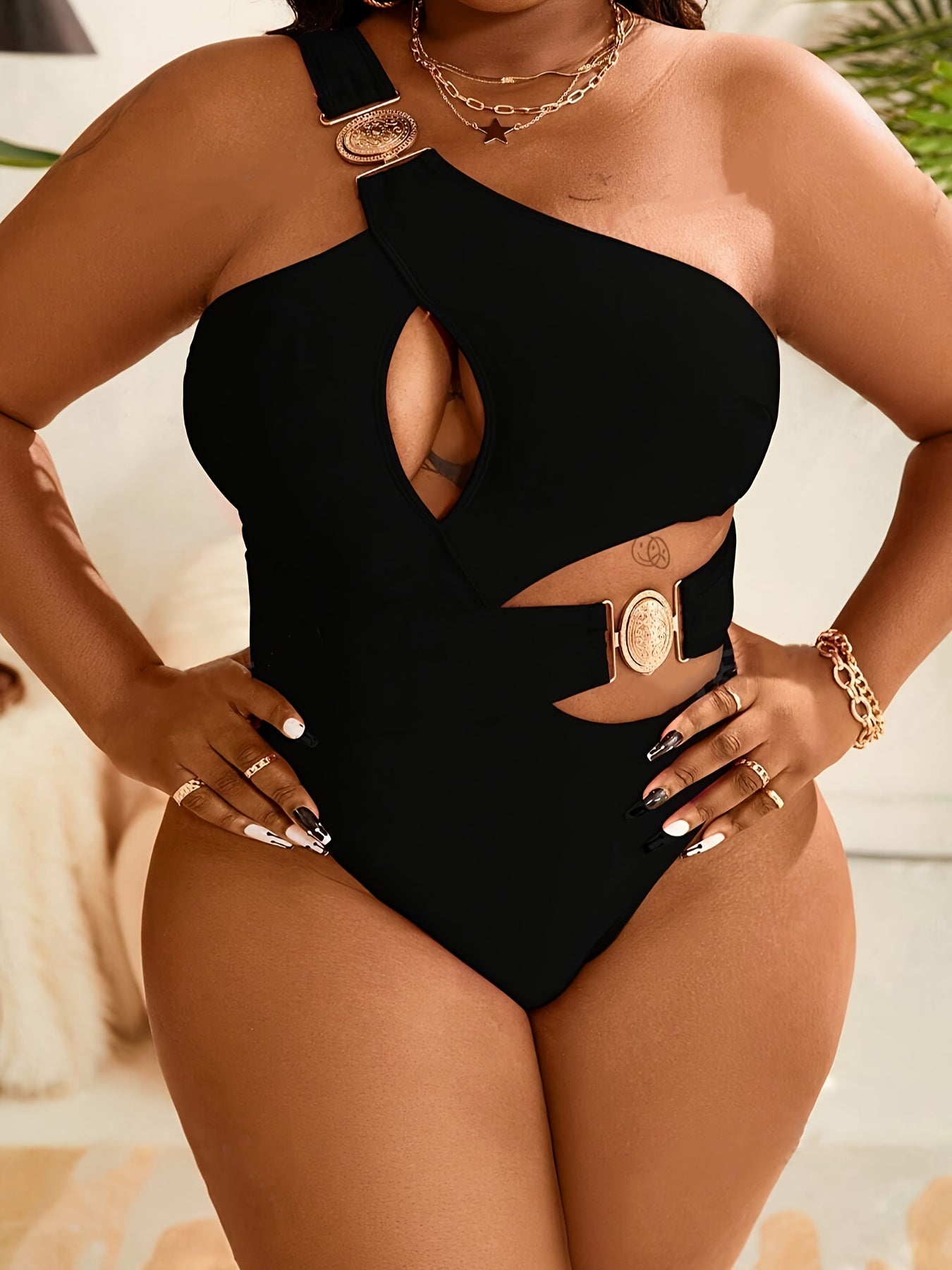 Sexy One-Piece Swimsuit Women's Plus Size Sexy One-Piece Swimsuit | High Elasticity Solid Color Black with Removable Chest Pads | High Waisted Swimsuit