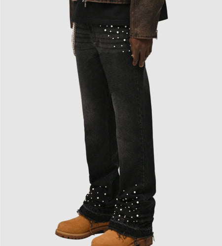 Men Slim-Fit Stretch Denim Jeans with Raw Hem & Metallic Accents -  Light Blue & Black, Comfortable & Stylish for Casual Attire, Versatile Clothing, Trendy Streetwear, Durable Fabric