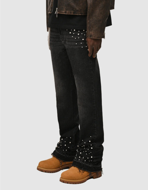 Load image into Gallery viewer, Men Slim-Fit Stretch Denim Jeans with Raw Hem &amp; Metallic Accents -  Light Blue &amp; Black, Comfortable &amp; Stylish for Casual Attire, Versatile Clothing, Trendy Streetwear, Durable Fabric
