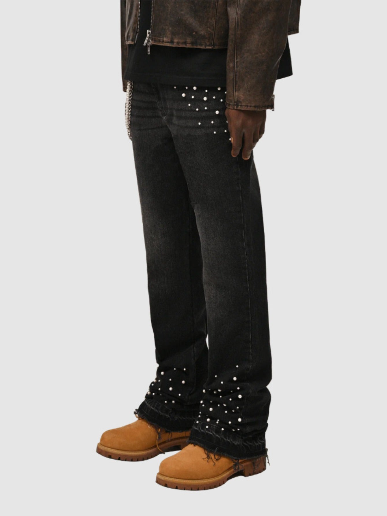 Men Slim-Fit Stretch Denim Jeans with Raw Hem & Metallic Accents -  Light Blue & Black, Comfortable & Stylish for Casual Attire, Versatile Clothing, Trendy Streetwear, Durable Fabric