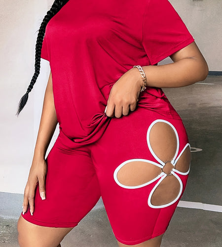 Plus Size Sports Floral Hollow Out Thin Short Set, Crew Neck, Color Block Pattern, Medium Stretch Polyester 90% Elastane 10% Fabric