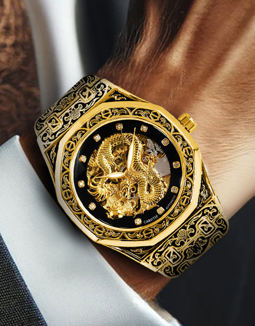 Load image into Gallery viewer, Fashionable Men Golden Steel Band Gorgeous Dragon Carved Fully Automatic Mechanical Watch, Without Battery
