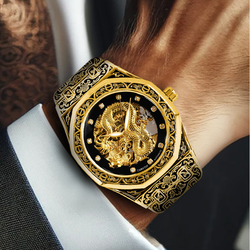 Fashionable Men Golden Steel Band Gorgeous Dragon Carved Fully Automatic Mechanical Watch, Without Battery