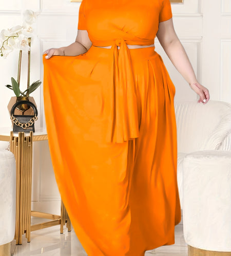 Plus Size Women's Solid Color Cross Tie Maxi Skirt Set, Casual Polyester Knit Dress with Short Sleeves, Round Neck, Pullover, Elastic Fabric, Fashionable Two-Piece Outfit