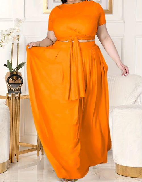 Load image into Gallery viewer, Plus Size Women&#39;s Solid Color Cross Tie Maxi Skirt Set, Casual Polyester Knit Dress with Short Sleeves, Round Neck, Pullover, Elastic Fabric, Fashionable Two-Piece Outfit

