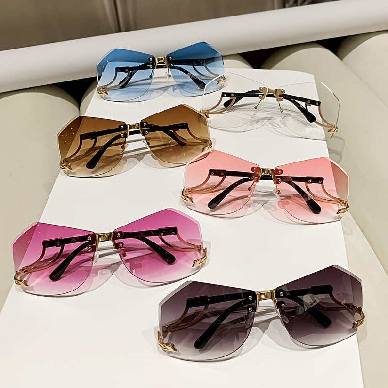 Frameless Oversized Fashion Glasses for Women - Gradient Pink to Clear Lenses, Hollow-Out Temple Arms, Protection & Anti-Glare Coating, Luxury Fashion Accessories