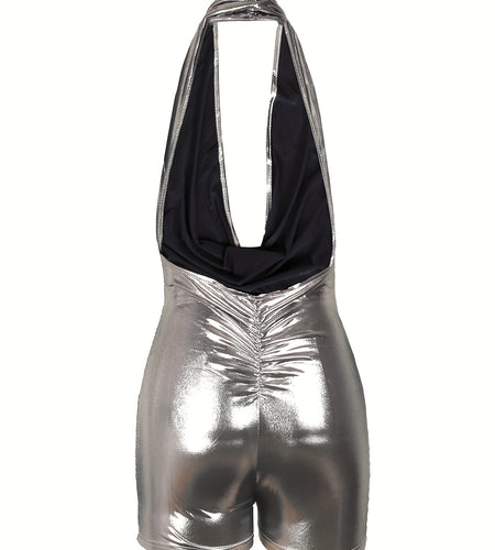 Sexy Halter Neck   Bodycon Romper - Elegant Metallic Deep V-Neck Sleeveless, Backless Design, Stretchy Polyester Blend, Perfect for Summer Evening Events