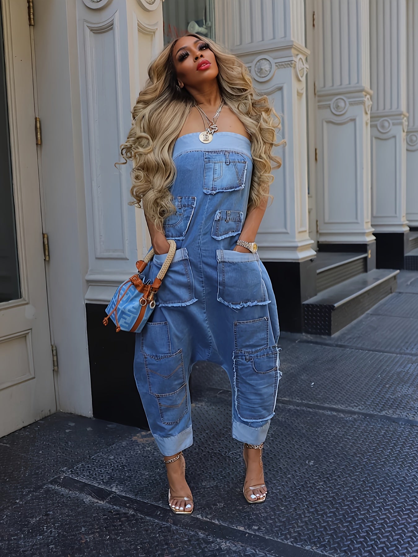 Women's Off-the-Shoulder Denim Overalls - Sexy Sleeveless Mid-Length Harem Pants with Color Block Patchwork, No Belt Loops, Spring Summer Fall Casual Streetwear
