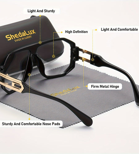 Men's Oversized Metal Frame Fashion Glasses - Black & Golden Accents, Lightweight Durable Design for Casual,, - Includes Protective Case, Casual Eyewear, Trendy Eyewear, Stylish Packaging, Accessories, Sturdy Construction