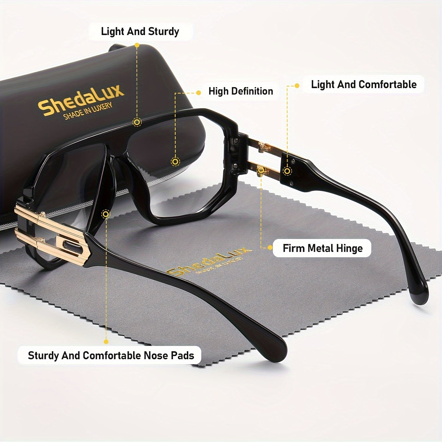 Men's Oversized Metal Frame Fashion Glasses - Black & Golden Accents, Lightweight Durable Design for Casual,, - Includes Protective Case, Casual Eyewear, Trendy Eyewear, Stylish Packaging, Accessories, Sturdy Construction