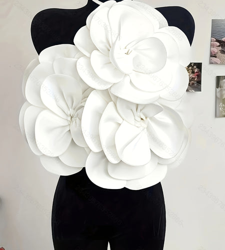 Elegant White Ribbed Knit Halter Top with 3D Floral Design - Backless, Cross Neck, Machine Washable for Women - Spring/Summer/Fall Fashion, Casual Wear | Cross Neckline Top | Nontransparent Material