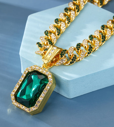 Hip-Hop Inspired Square Gemstone Pendant Necklace - Vintage Fashion Design with Sparkling Cuban Link Chain, Zinc Alloy & Rhinestone Embellished, Available in Multiple Colors, Hip Hop Necklace