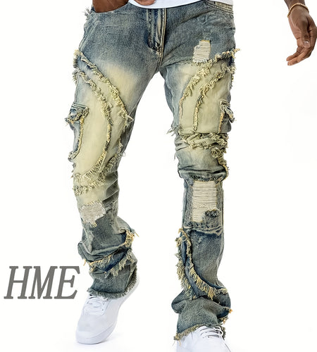 Men Slim-Fit Straight Stretch Denim Jeans with Frayed Pocket Edges & Distressed Wash - Light Wash Blue Vintage Look, All-Season Comfort, Built-In Zipper Closure