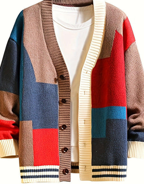 Load image into Gallery viewer, Spring and Autumn Color Block Cardigan Sweater Trendy V-Neck Knit Sweater Casual Men Clothing
