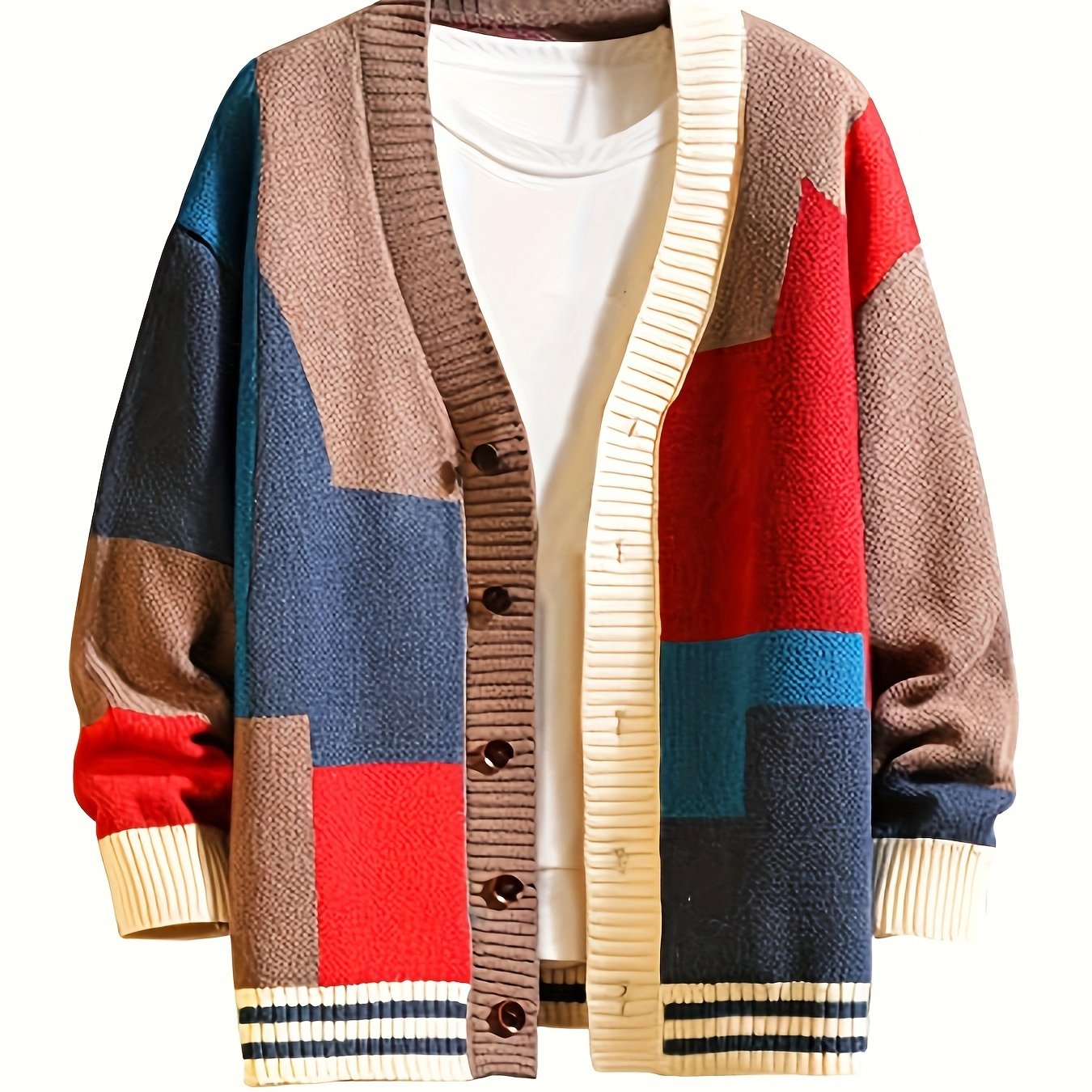 Spring and Autumn Color Block Cardigan Sweater Trendy V-Neck Knit Sweater Casual Men Clothing