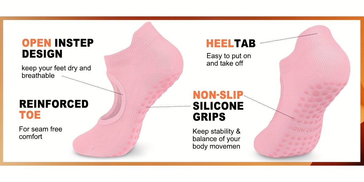 [2 Pairs Grippy Pilates Socks] 2 Pairs Non-Slip Grippy Pilates Socks for Women | Open Top Yoga Socks, Breathable Athletic Socks for Workout, Barre, Dance - Barre Accessory