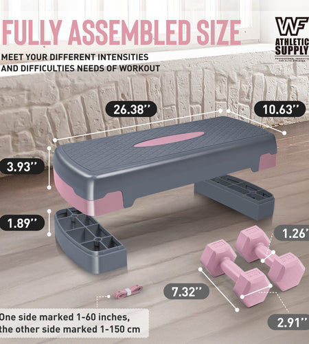 Adjustable Height Aerobic Stepper Set with 2 Dumbbells & Measuring Tape, Workout Exercise Step Platform w/ Level Risers