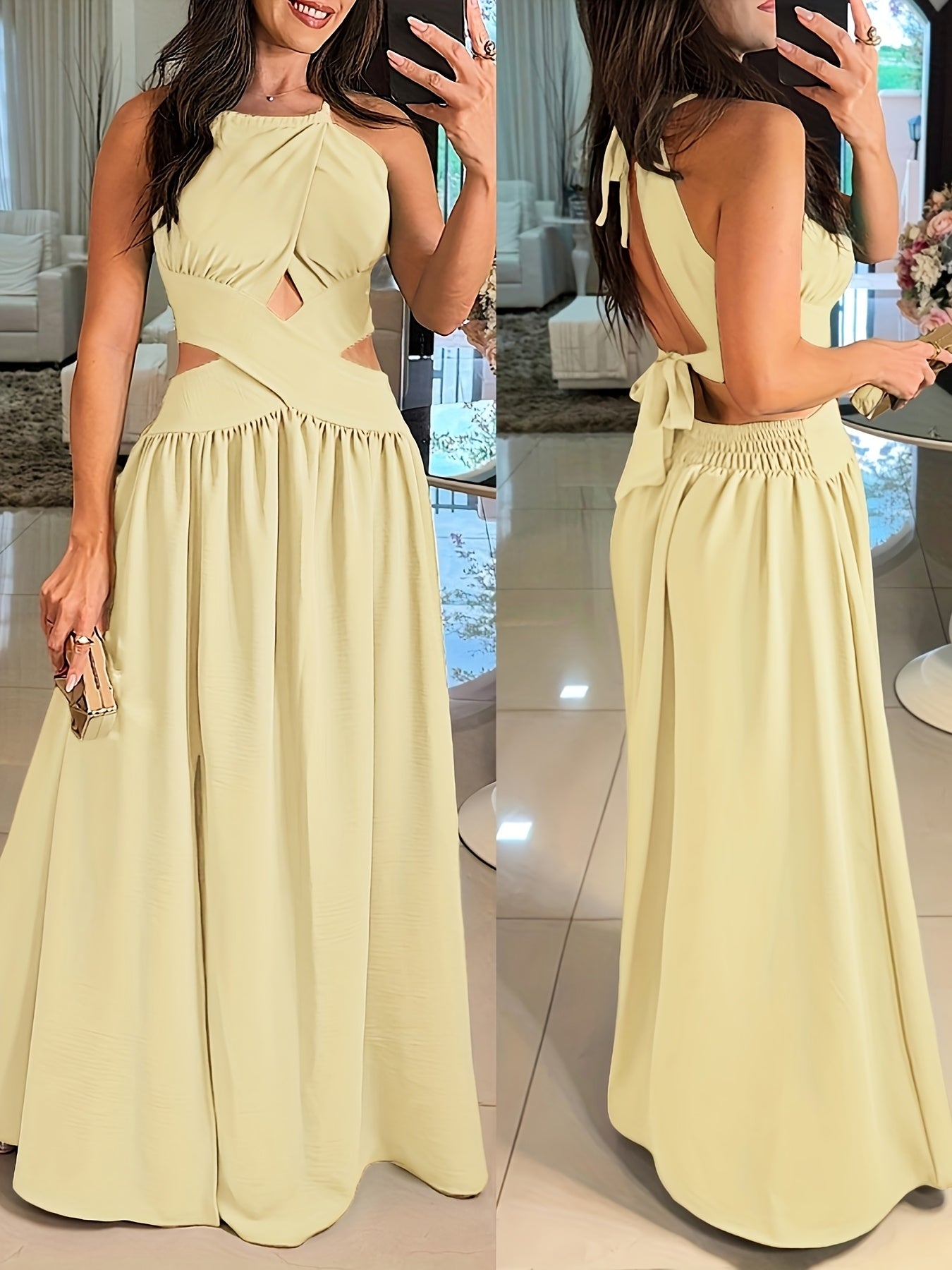 Sexy Backless Women's Evening Gown | Long Flared Skirt Formal Party Dress with Waist Cross Straps & Open Back, Round Neck Spring Summer Casual to Formal Attire