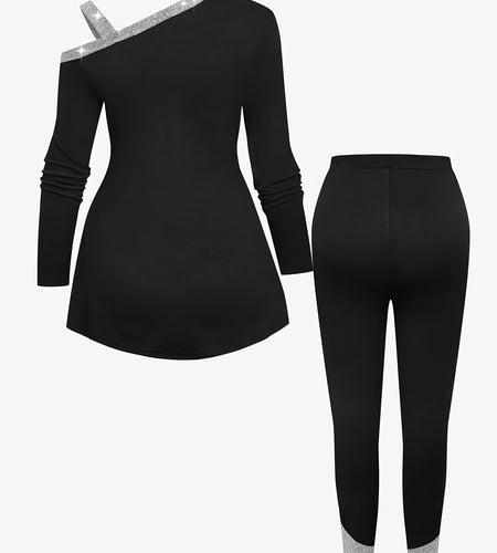 Plus Size High Stretch Solid Color Women's Casual Strapless Long Sleeve Top and Pants Set - Asymmetrical Neck, Polyester