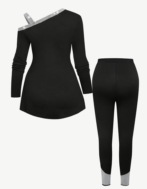 Load image into Gallery viewer, Plus Size High Stretch Solid Color Women&#39;s Casual Strapless Long Sleeve Top and Pants Set - Asymmetrical Neck, Polyester
