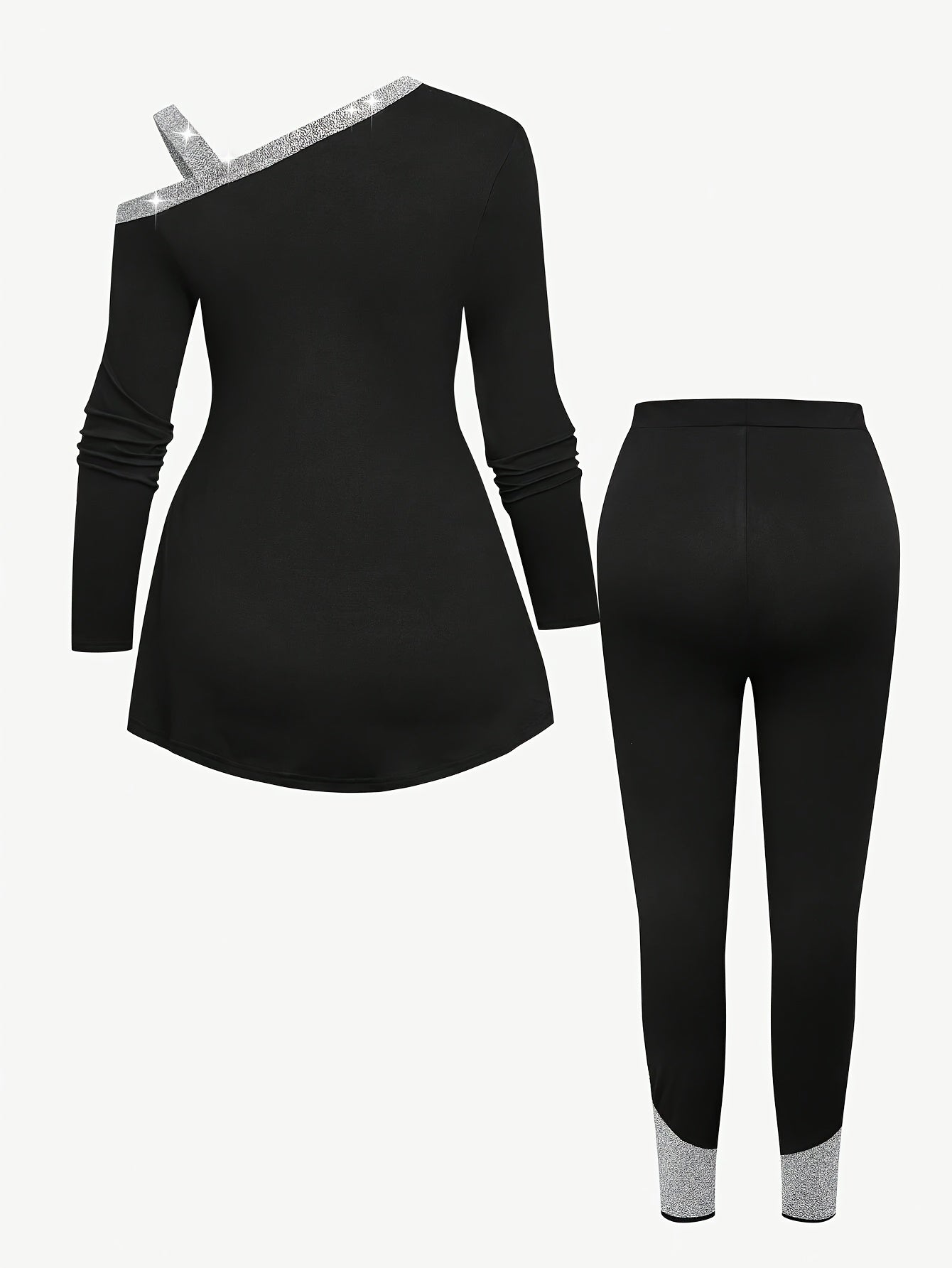 Plus Size High Stretch Solid Color Women's Casual Strapless Long Sleeve Top and Pants Set - Asymmetrical Neck, Polyester