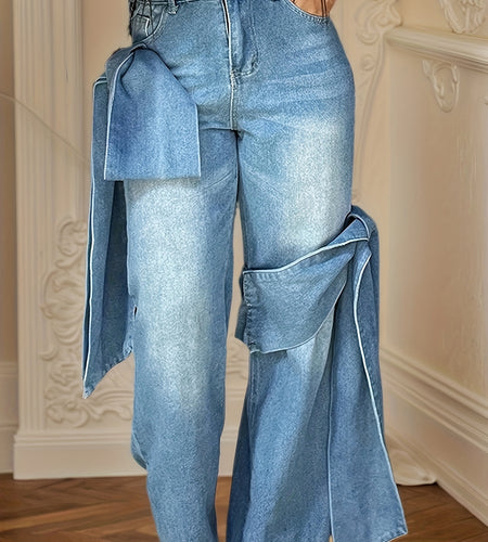 Blue Wide Leg Jeans with Bow-Tie Design Casual All-Season Polyester Blend Denim Pants with Slight Stretch for Comfort