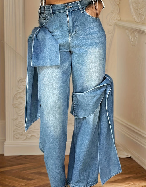 Load image into Gallery viewer, Blue Wide Leg Jeans with Bow-Tie Design Casual All-Season Polyester Blend Denim Pants with Slight Stretch for Comfort
